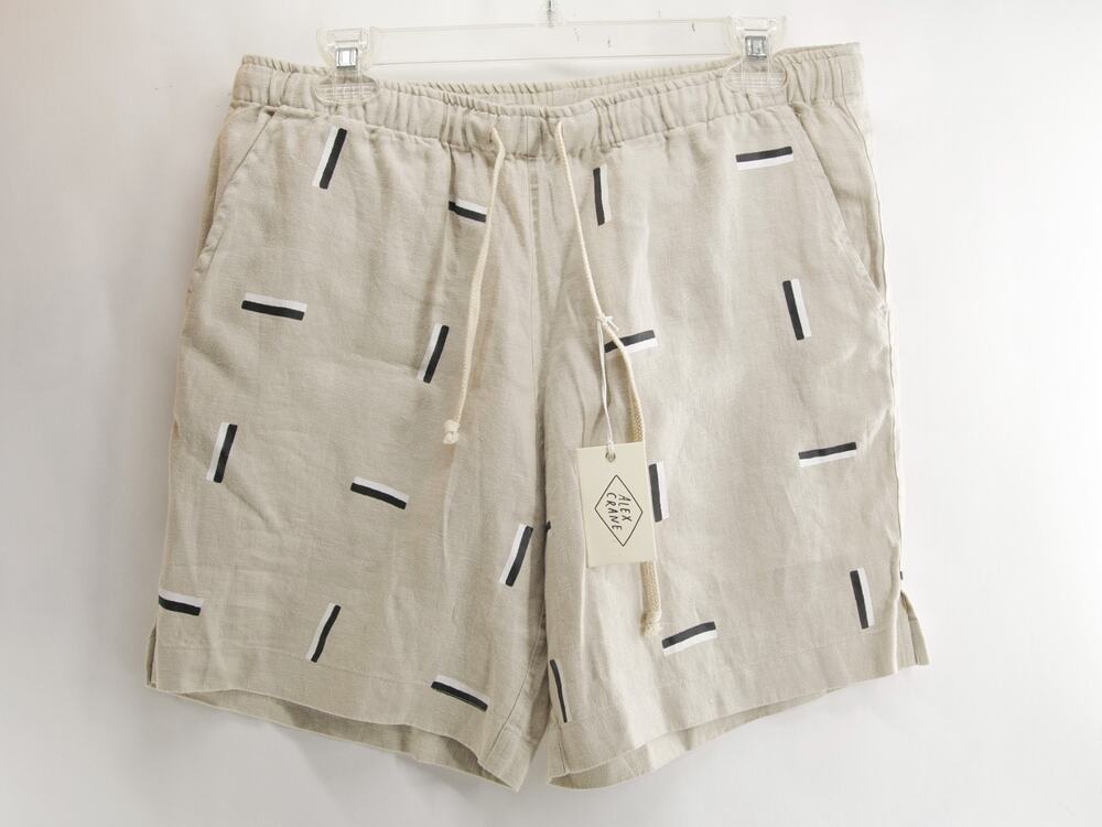 NWT Alex Crane Men's L Beige Geometric Linen Drawstring Shorts Relaxed 7" Beach